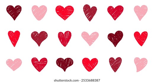 Chalk pencil hearts doodle set. Scribble symbol of love in sketch style, Grunge texture. Hand drawn vector illustration isolated on white background