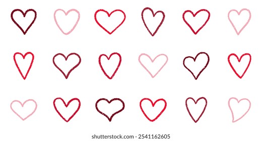 Chalk pencil hearts doodle set. Scribble symbol of love in sketch style, Grunge texture. Hand drawn vector illustration isolated on white background
