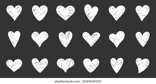 Chalk pencil hearts doodle set. Scribble symbol of love in sketch style, Crayon and Grunge texture. Hand drawn vector illustration isolated on black background