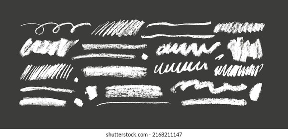 Chalk pencil lines and squiggles, wide strokes, hatching. Scribble white strokes vector set. Hand drawn charcoal scribbles. White pencil sketches, drawings. Scrawl elements isolated on dark background