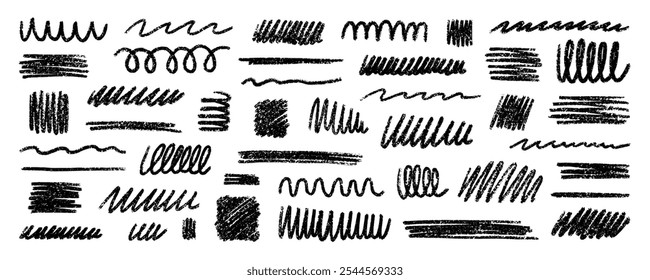 Conjunto de rabiscos de formas de lápis de giz. Linhas de rabisco infantis a carvão vegetal e traçados em estilo de esboço. Crayon e textura grunge. Ilustração de vetor desenhada à mão isolada no plano de fundo branco