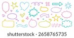 Chalk pencil speech bubbles, arrows and ribbons doodle set. Crayon communication frame, comic talk balloon in sketch style, Grunge texture. Hand drawn vector illustration isolated on white background