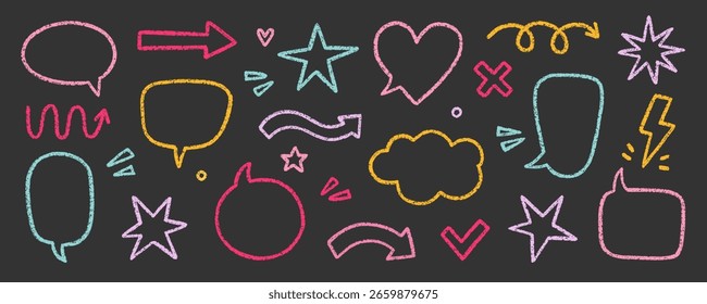 Kreide Bleistift Sprechblasen, Pfeile und Bänder Doodle-Set. Kommunikationsrahmen aus Buntstift, Comic-Sprechballon im Skizzenstil, Grunge-Textur. Handgezeichnete Vektorgrafik einzeln auf schwarzem Hintergrund