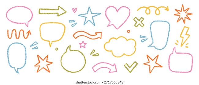 Chalk pencil speech bubbles, arrows and ribbons doodle set. Crayon communication frame, comic talk balloon in sketch style, Grunge texture. Hand drawn vector illustration isolated on white background