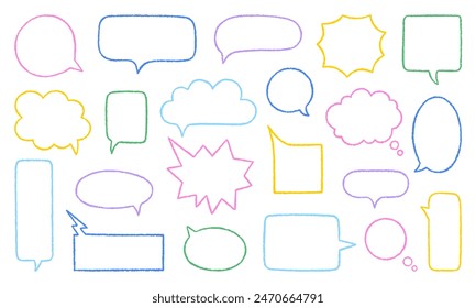 Chalk pencil speech bubbles doodle set. Crayon communication frame, comic talk balloon in sketch style, Grunge texture. Hand drawn vector illustration isolated on white background