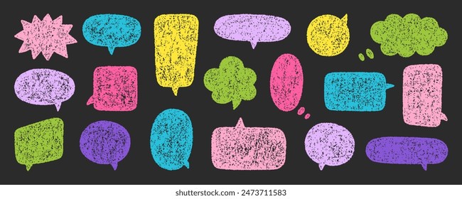 Chalk pencil speech bubbles doodle set. Crayon communication frame, comic talk balloon in sketch style, Grunge texture. Hand drawn vector illustration isolated on black background