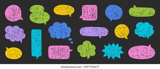 Chalk pencil speech bubbles doodle set. Crayon communication frame, comic talk balloon in sketch style, Grunge texture. Hand drawn vector illustration isolated on black background