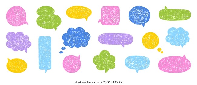 Chalk pencil speech bubbles doodle set. Crayon communication frame, comic talk balloon in sketch style, Grunge texture. Hand drawn vector illustration isolated on white background