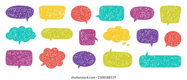 Chalk pencil speech bubbles doodle set. Crayon communication frame, comic talk balloon in sketch style, Grunge texture. Hand drawn vector illustration isolated on white background