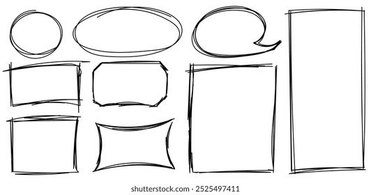 Chalk pencil speech bubbles doodle set. Crayon communication frame, comic talk balloon in sketch style. Hand drawn vector illustration isolated on white background