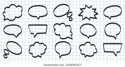 Chalk pencil speech bubbles doodle set. Communication frames, talk balloons in sketch style