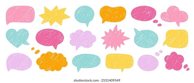 Chalk pencil speech bubbles doodle set. Crayon communication frame, comic talk balloon in sketch style, Grunge texture. Hand drawn vector illustration isolated on white background