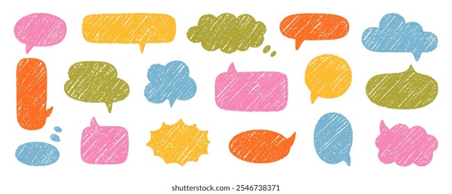 Chalk pencil speech bubbles doodle set. Crayon communication frame, comic talk balloon in sketch style, Grunge texture. Hand drawn vector illustration isolated on white background