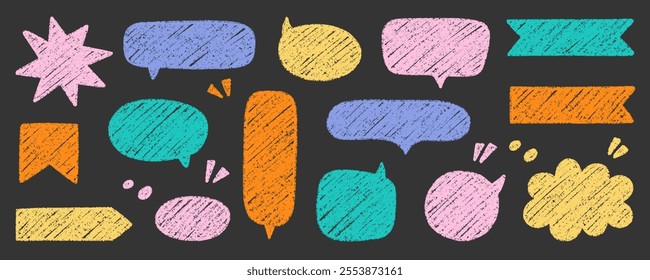 Chalk pencil speech bubbles doodle set. Crayon communication frame, comic talk balloon in sketch style, Grunge texture. Hand drawn vector illustration isolated on black background