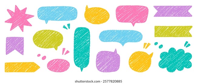 Chalk pencil speech bubbles doodle set. Crayon communication frame, comic talk balloon in sketch style, Grunge texture. Hand drawn vector illustration isolated on white background