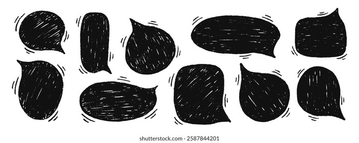 Chalk pencil speech bubbles doodle set with crayon or chalk texture. Comic talk balloon in sketch grunge style. Hand drawn vector illustration