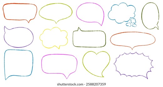 Chalk pencil speech bubbles doodle set. Crayon frames, comic talk balloon. Grange texture. Hand drawn kid's style pencil dialog balloon, various text clouds. Hand drawn vector illustration  
