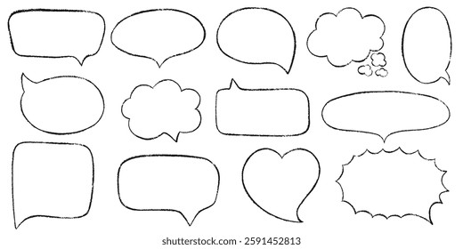 Chalk pencil speech bubbles doodle set. Crayon frames, comic talk balloon. Grange texture. Hand drawn kid's style pencil dialog balloon, various text clouds. Hand drawn vector illustration  