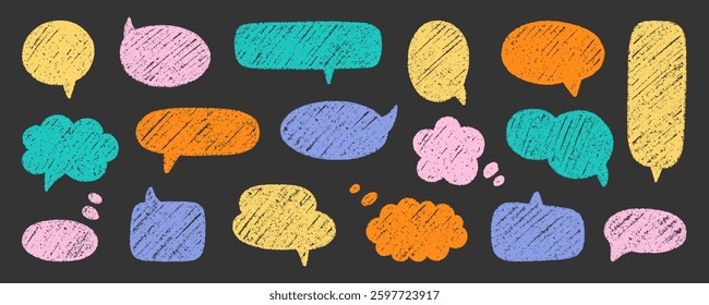 Chalk pencil speech bubbles doodle set. Crayon communication frame, comic talk balloon in sketch style, Grunge texture. Hand drawn vector illustration isolated on black background