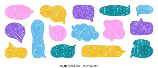 Chalk pencil speech bubbles doodle set. Crayon communication frame, comic talk balloon in sketch style, Grunge texture. Hand drawn vector illustration isolated on white background