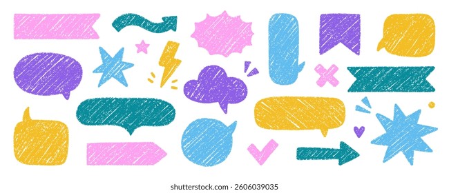 Chalk pencil speech bubbles doodle set. Crayon communication frame, comic talk balloon in sketch style, Grunge texture. Hand drawn vector illustration isolated on white background