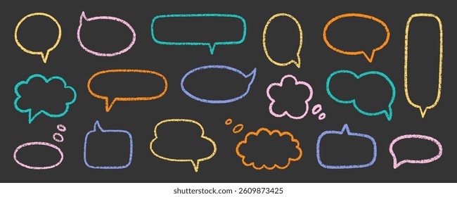 Chalk pencil speech bubbles doodle set. Crayon communication frame, comic talk balloon in sketch style, Grunge texture. Hand drawn vector illustration isolated on black background