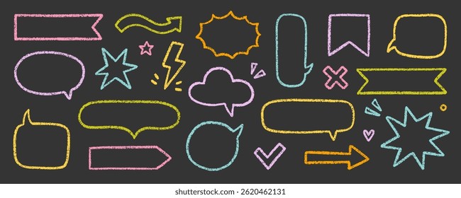 Chalk pencil speech bubbles doodle set. Crayon communication frame, comic talk balloon in sketch style, Grunge texture. Hand drawn vector illustration isolated on black background