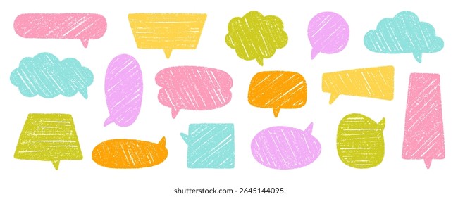 Chalk pencil speech bubbles doodle set. Crayon communication frame, comic talk balloon in sketch style, Grunge texture. Hand drawn vector illustration isolated on white background