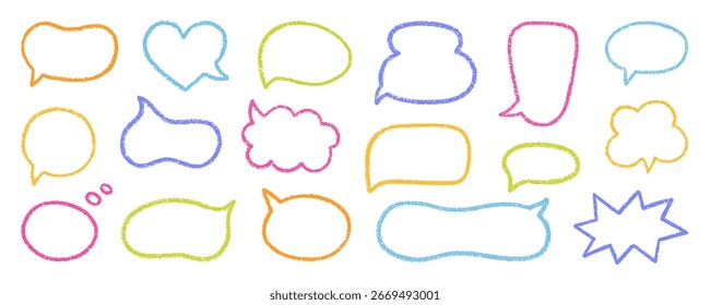 Conjunto de doodle de burbujas de discurso de lápiz de tiza. Marco de comunicación de crayón, globo de conversación cómica en estilo de boceto, textura Grunge. Ilustración vectorial dibujada a mano aislada sobre fondo blanco