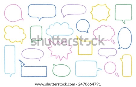 Chalk pencil speech bubbles doodle set. Crayon communication frame, comic talk balloon in sketch style, Grunge texture. Hand drawn vector illustration isolated on white background