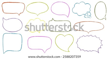Chalk pencil speech bubbles doodle set. Crayon frames, comic talk balloon. Grange texture. Hand drawn kid's style pencil dialog balloon, various text clouds. Hand drawn vector illustration  