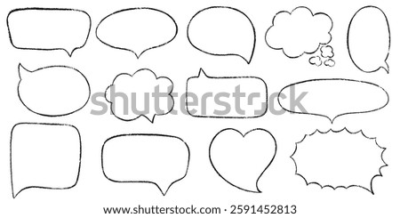 Chalk pencil speech bubbles doodle set. Crayon frames, comic talk balloon. Grange texture. Hand drawn kid's style pencil dialog balloon, various text clouds. Hand drawn vector illustration  
