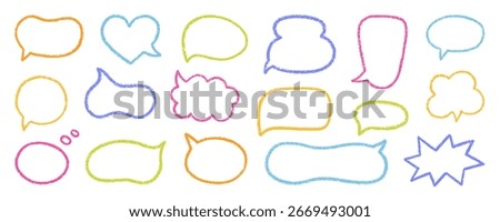 Chalk pencil speech bubbles doodle set. Crayon communication frame, comic talk balloon in sketch style, Grunge texture. Hand drawn vector illustration isolated on white background