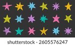 Chalk pencil stars and sparkles doodle set. Crayon Twinkle, blink, firework, glitter silhouette and glowing symbols in sketch style, Hand drawn vector illustration isolated on black background