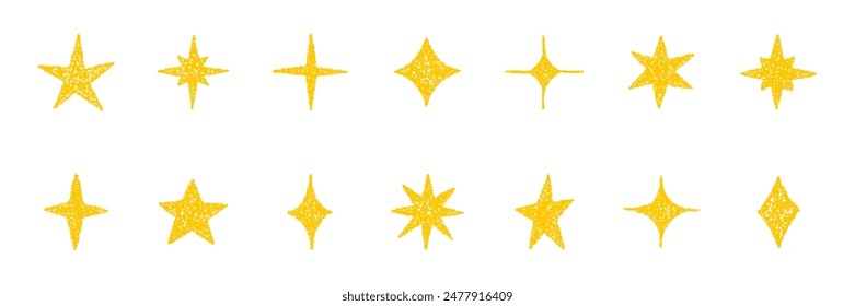 Chalk pencil stars and sparkles doodle set. Crayon Twinkle, blink, firework, glitter silhouette and glowing symbols in sketch style, Hand drawn vector illustration isolated on white background