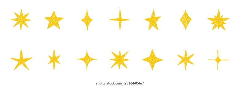 Estrelas de lápis de giz e conjunto de rabiscos cintilantes. Crayon Twinkle, piscar, fogos de artifício, silhueta brilhante e símbolos brilhantes no estilo de esboço, ilustração vetor desenhado à mão isolado no fundo branco