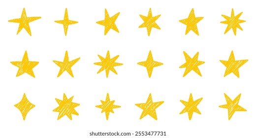 Chalk pencil stars and sparkles doodle set. Crayon Twinkle, blink, firework, glitter silhouette and glowing symbols in sketch style, Hand drawn vector illustration isolated on white background