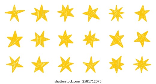 Chalk pencil stars and sparkles doodle set. Crayon Twinkle, blink, firework, glitter silhouette and glowing symbols in sketch style, Hand drawn vector illustration isolated on white background