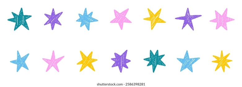 Chalk pencil stars and sparkles doodle set. Crayon Twinkle, blink, firework, glitter silhouette and glowing symbols in sketch style, Hand drawn vector illustration isolated on white background