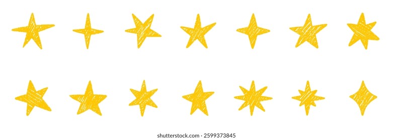 Chalk pencil stars and sparkles doodle set. Crayon Twinkle, blink, firework, glitter silhouette and glowing symbols in sketch style, Hand drawn vector illustration isolated on white background