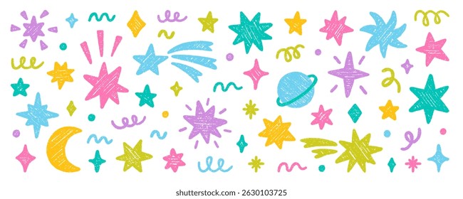 Chalk pencil stars and sparkles doodle set. Crayon moon, twinkle, blink, firework, glitter silhouette and glowing symbols in sketch style, Hand drawn vector illustration isolated on white background