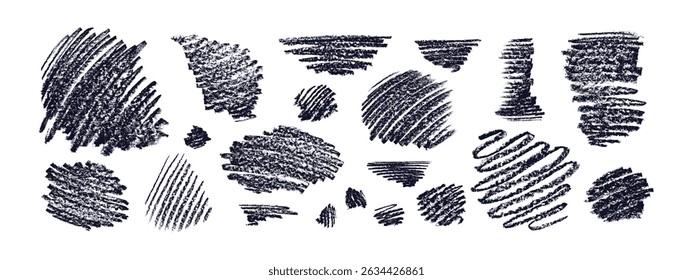 Giz, conjunto de traços de lápis. Pincel de arte. Sublinhados de maquiagem, arte de giz de cera de crianças. Mancha granulosa isolada. Elementos de desenho de mão de textura vetorial para design de beleza, loja de cosméticos, decoração gráfica de destaque