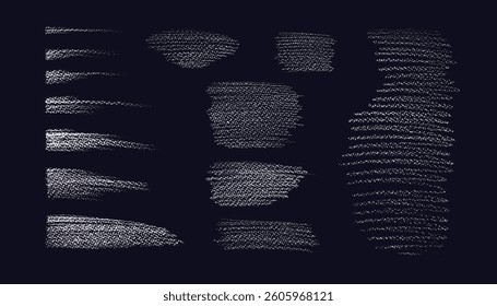 Chalk, pencil strokes set. Vector border. Crayon underlines, kids brush strips. Grungy smear isolated on black backdrop. Hand drawing elements for for highlight graphic decoration, abstract design