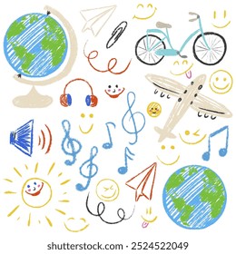 Chalk pencil textured big collection. Sketch kids hand drawn elements set. Earth, globe, airplane, bicycle, headphones, megaphone, sun, music notes, treble clef, happy smile emoji. Vector illustration