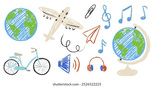 Lápiz de tiza con textura de colección grande. Conjunto de Elementos dibujados a mano para niños. Tierra, globo, avión, bicicleta, auriculares, megáfono, notas musicales, clave de agudos. Escuela Ilustración vectorial aislada