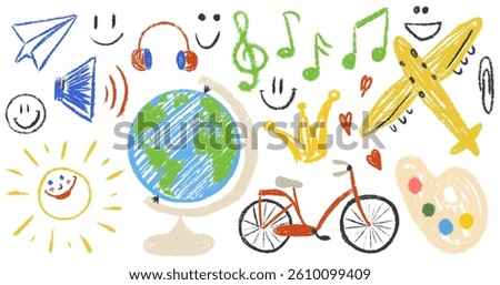 Chalk pencil textured big collection. Sketch kids hand drawn elements set. Earth globe, airplane, bicycle, headphones, megaphone, music notes, treble clef, crown. School isolated vector illustration