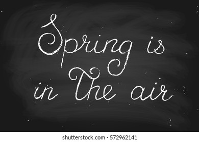 Chalk phrase chalkboard blackboard spring is in the air handwritten text, chalk on a blackboard, vector.  Each word and chalk dirt are on the different layers