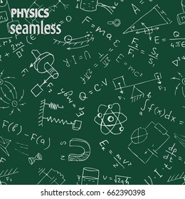 Chalk physics symbols on green blackboard. Vector seamless pattern. 