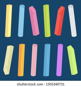 Chalk piece and stick of different colors vector set isolated on background.