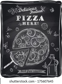 Chalk pizza with the cut off slice, chalkboard background. Delicious pizza menu.